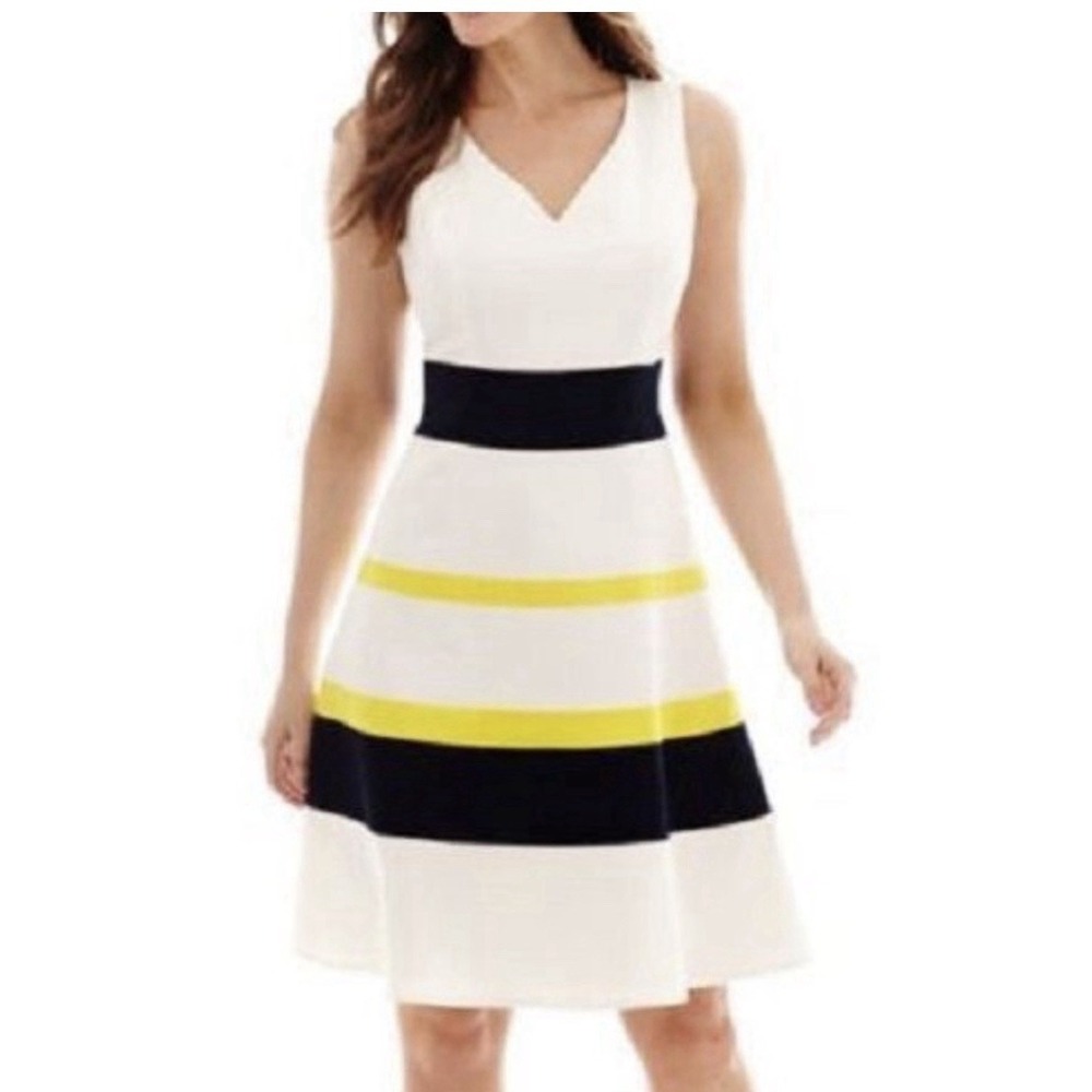 Evan Picone Black Label Dress Women's Navy Yellow White Sleeveless Fit & Flare 6